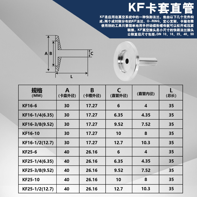KF真空卡套法兰转VCR接头KF16KF251/4 6.35 304不锈钢接头直管_虎窝淘