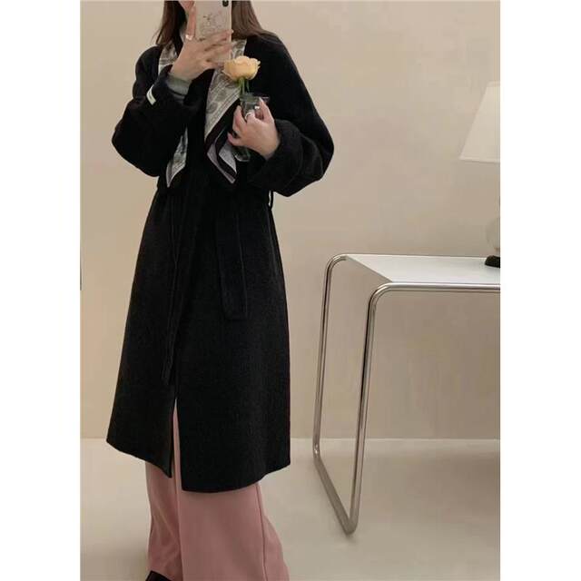 Autumn and winter new high-end French fashion Hepburn style women's long round neck waist slimming double-sided wool coat
