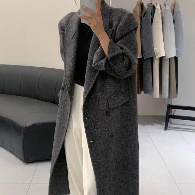 2025新款人字纹西装领双面羊绒大衣女双排扣过膝长款显瘦羊毛外套