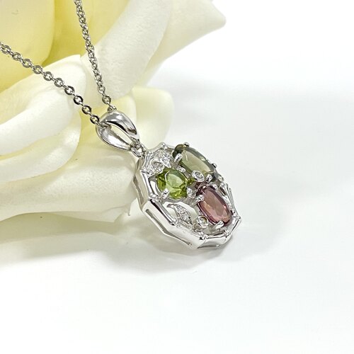 天然碧玺S925银竹节镂空吊坠 - 图0