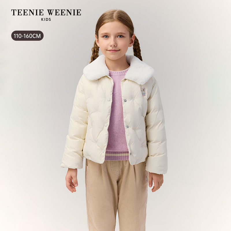 TeenieWeenie Kids小熊童装25年新款冬女童仿兔毛翻领刺绣羽绒服 - 图0