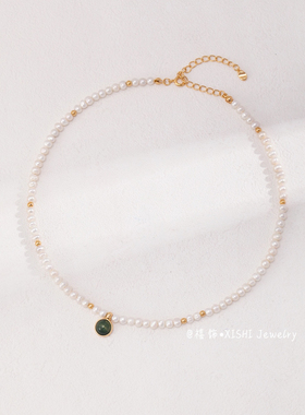 「禧饰」纯银水草玛瑙珍珠项链s925银锁骨链轻奢时尚法式复古小众