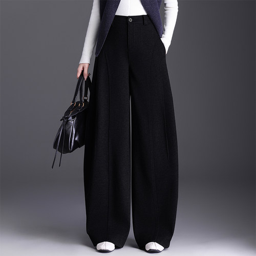 秋冬毛呢阔腿裤梨形报恩裤新款女士裤子宽松bf弯刀裤长裤休闲女裤 - 图0