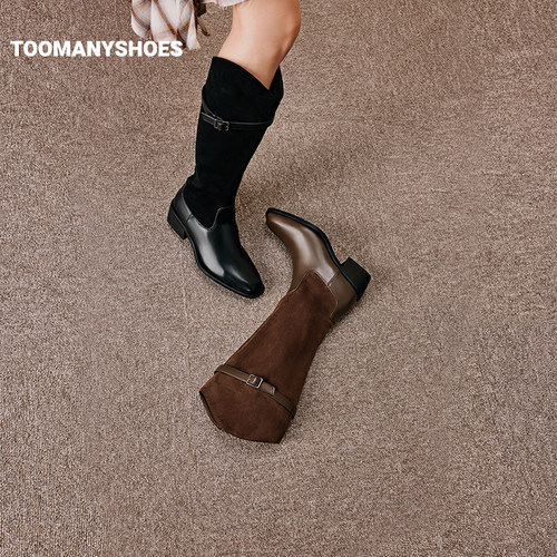 明星同款Toomanyshoes时髦打卡西部靴女高跟骑士靴 - 图1