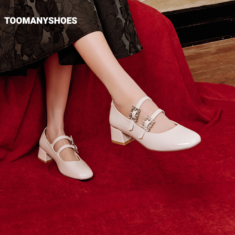 [吴昕同款]Toomanyshoes跳支舞吧粗高跟皮鞋双扣复古玛丽珍单鞋女 - 图1