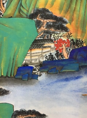仿古玩收藏古董国画名家字画彩绘中堂画四条屏客厅装饰画福山碧水