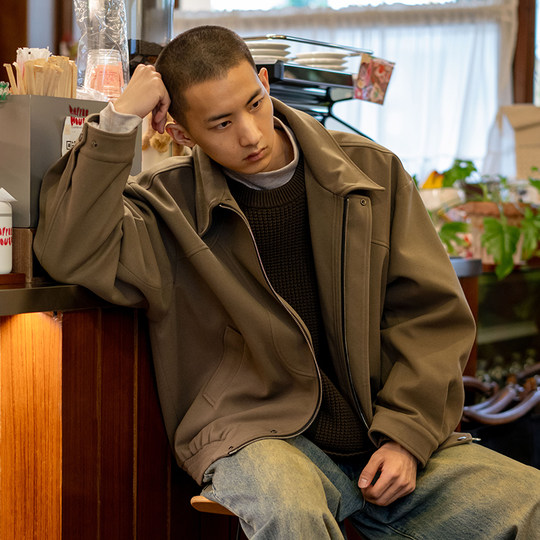 UrbanStandard日系复古美拉德毛呢外套男秋宽松翻领机车夹克外套