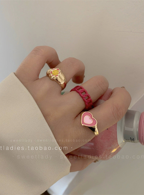 ins欧美酷girl彩色爱心戒指套装