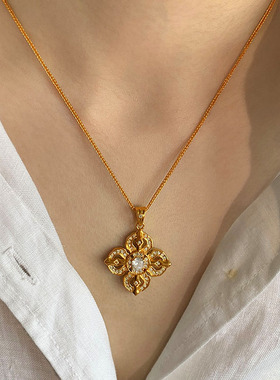 老铺金刚杵金色四叶草项链女复古