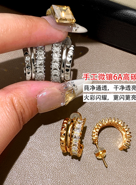 假三件套锆石圈圈耳环纯银针小众
