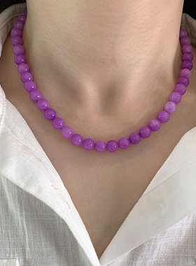 紫葡萄天然石串珠项链女紫色玉髓