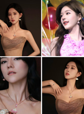 重工玫瑰金红刚玉满钻扇形项链女