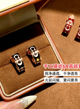 字母C型圆环耳钉女纯银小众珐琅