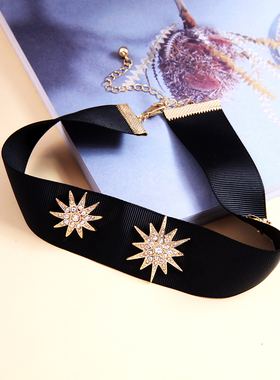 不对称颈链黑色丝带星星镶钻女士