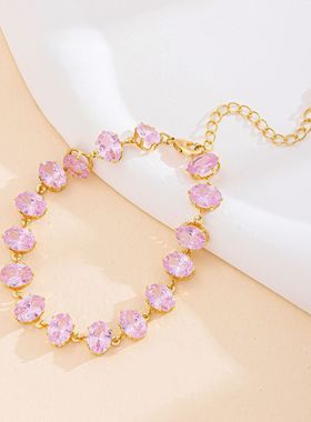 欧美时尚潮流轻奢金底锆石手链椭圆粉锆石甜美气质手链百搭高级感