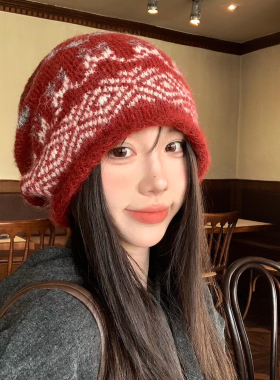 保暖帽子费尔岛风提花针织帽女秋冬季韩系氛围感红色百搭显1007e