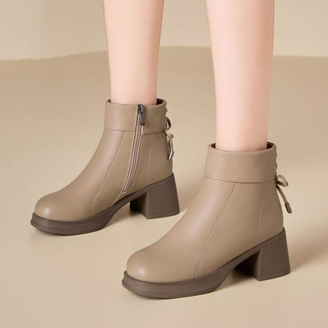 Thick-heeled Martin boots for women, velvet thickened short boots, 2025 autumn and winter new style medium-heeled boots, thick-soled leather boots for women 1105n