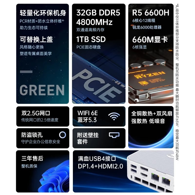 【高性价比】机械师创物者Mini2代迷你主机AMD锐龙R5-6600H便携NUC微型电脑台式机pc口袋小机箱双网口雷电4 - 图0