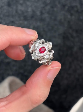 中古风复古绯红鸢尾花戒指女轻奢小众设计感优雅高级感气质食指环