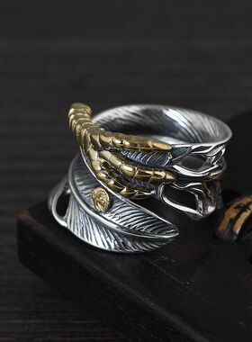 春锋似瀚 s925银复古工艺 情侣款开口款式鹰爪造型银饰品银羽毛