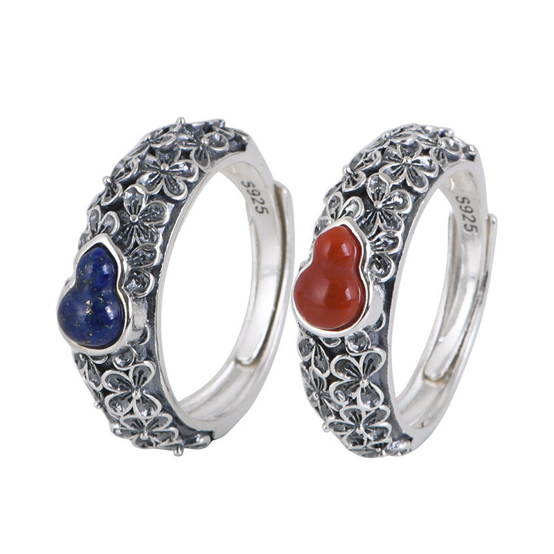 Chun Feng Si Han s925 silver ring simple literary fashion small floral inlaid agate lapis lazuli gourd women's ring