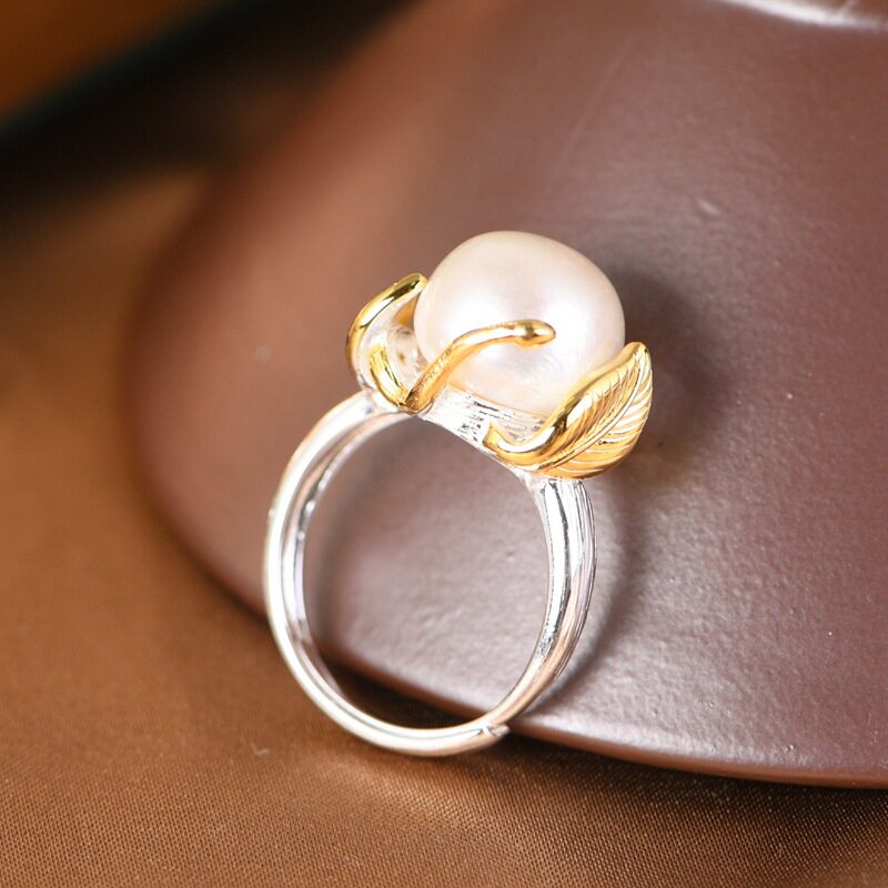 Chunfeng Sihan S925 silver plain silver gold-plated leaf inlaid with freshwater pearls elegant adjustment ring for women