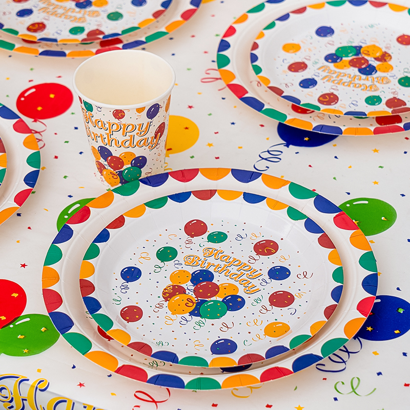 气球缤纷系列一次性烘焙蛋糕纸质餐盘碟子纸杯桌布儿童party布置 - 图0