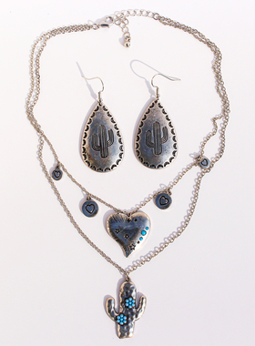 欧美外贸饰品复古爱心圆片双层项链女创意设计仙人掌水滴耳环V228