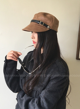 强推！高品质秋冬马术帽* 秋冬款皮带pu平顶帽子女小众