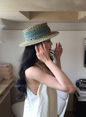 闪电小狗｜老钱风咸水草编高端定制礼帽亚麻缎带女平顶草帽轻奢帽