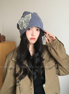 闪电小狗｜小众蝴蝶毛边冷帽* 复古蝴蝶堆堆帽女包头冷帽显脸小