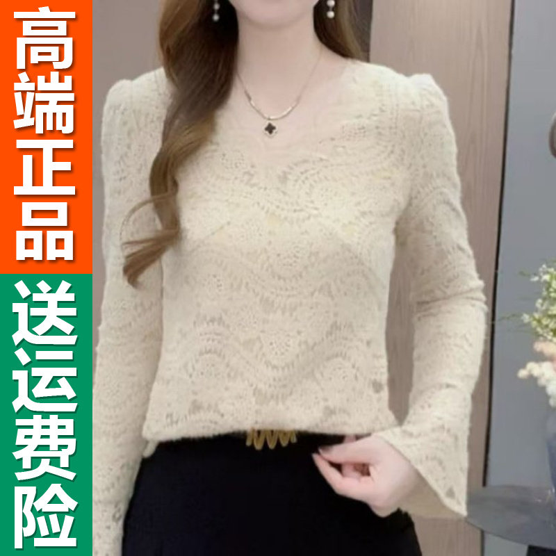 正品2025秋冬新款时尚v领磨毛蕾丝加绒百搭打底上衣 - 图2
