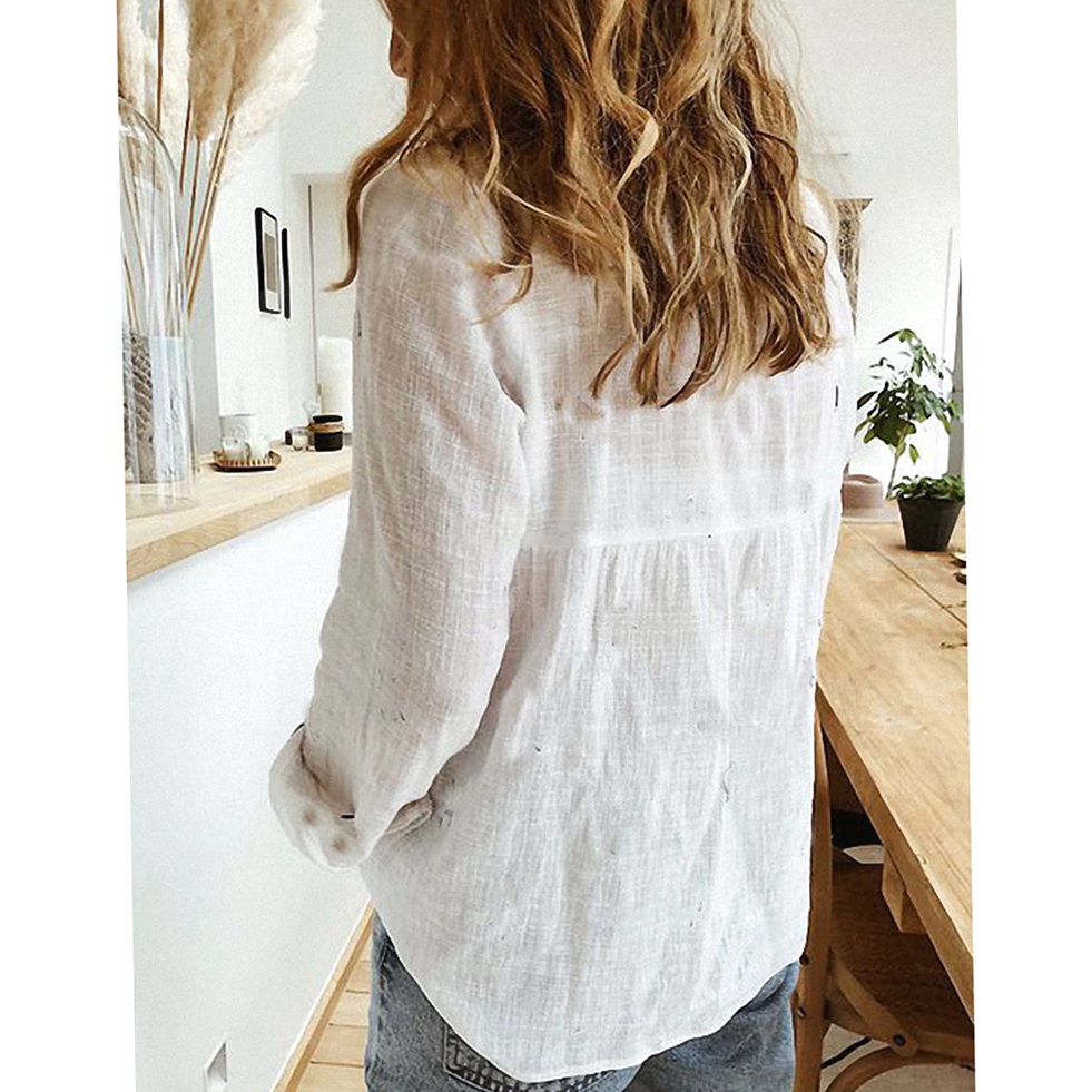 Top Loose Long Sleeve Cotton Linen Shirt Blouse-图3