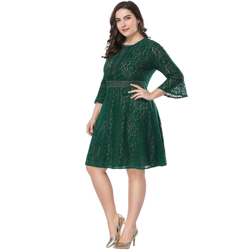 big size women dresses ladies horn sleeve summer lacy dress - 图0