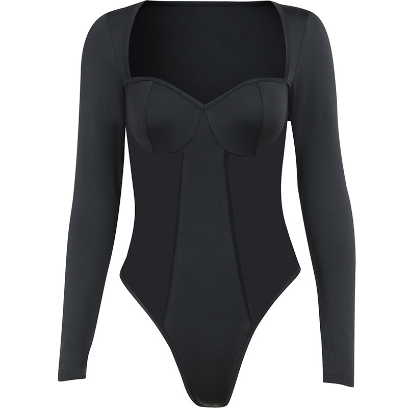 Square Neck Panel Long Sleeve Bodysuit  方领拼接长袖连体衣女 - 图3