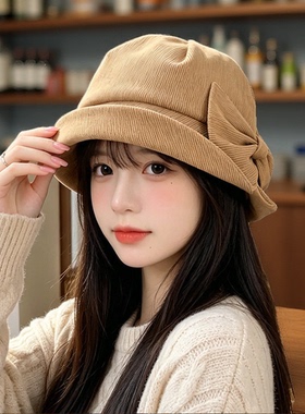 秋冬季简约百搭灯芯绒渔夫帽休闲时尚蝴蝶结盆帽大檐显脸小帽子女