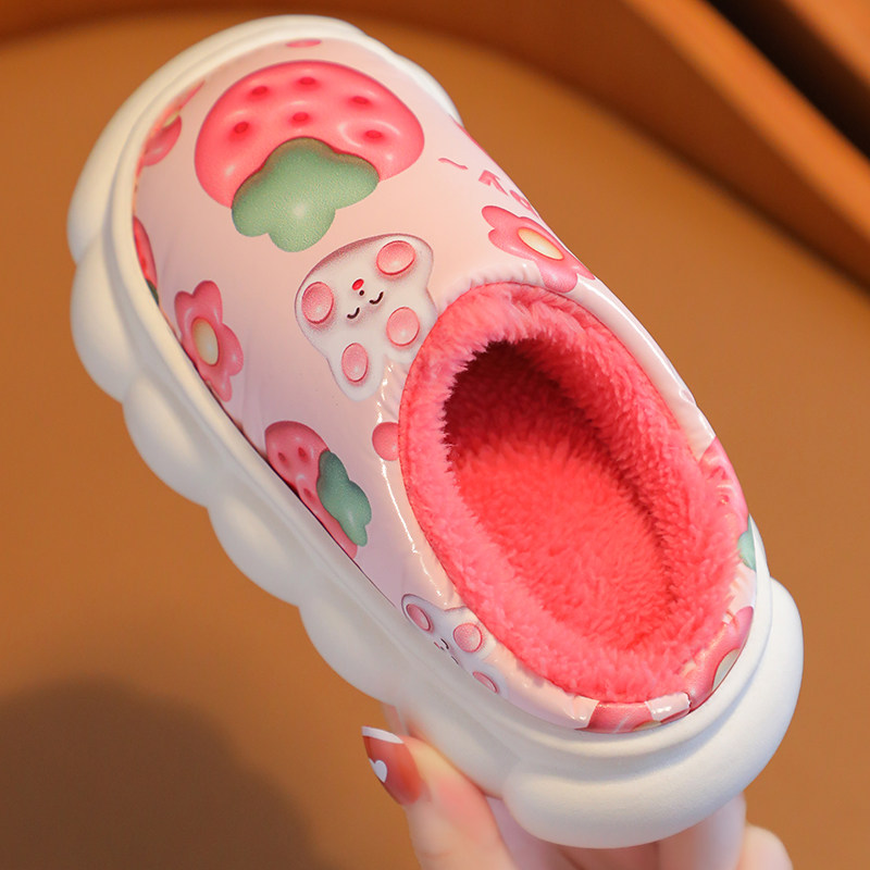 儿童拖鞋冬PU防水皮面棉拖鞋女童家居保暖亲子室内公主宝宝毛拖鞋