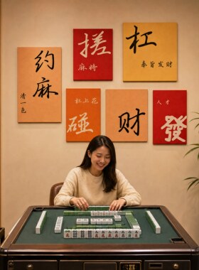 网红打卡麻将馆棋牌室背景壁画