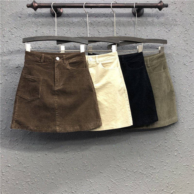 艾天丽旗舰店高腰灯芯绒半身裙女春秋新款港味复古显瘦咖啡色a字包臀短裙0