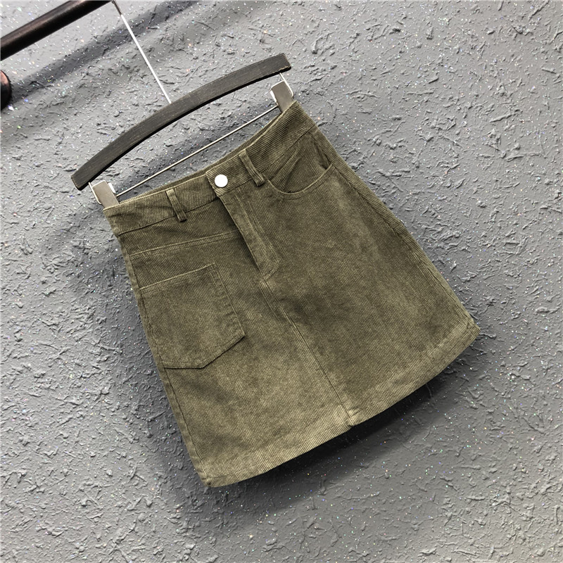 艾天丽旗舰店高腰灯芯绒半身裙女春秋新款港味复古显瘦咖啡色a字包臀短裙2