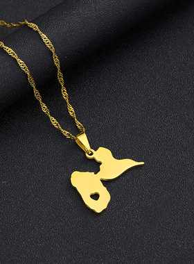 亚马逊热卖不锈钢瓜德罗普岛地图项链女时尚心形钛钢吊坠锁骨链