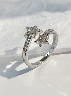 时尚简约百搭水钻双五角星交叉开口戒指个性潮女指环围巾扣两用