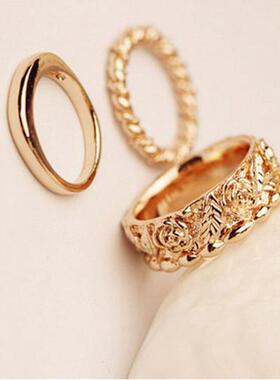 日韩潮流新款精致雕刻小花三件套指环经典复古麻花中指尾戒戒指女