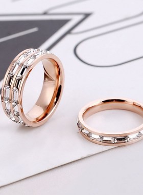 日韩版潮流玫瑰金双排镶水钻时尚女戒指轻奢简约百搭通勤OL指环