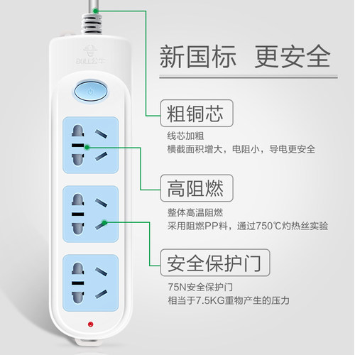 公牛插座带线排插家用1.8/3/5米学生宿舍接线板4/6/8插位有线插板 - 图0
