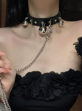 性感辣妹风铃铛项圈女颈带choker牵引绳黑色颈圈颈环项链朋克脖圈