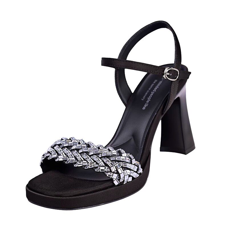 水钻银色一字带凉鞋女夏季2025年新款方跟高跟鞋时尚配裙子宴会鞋,淘宝优惠券,粉丝福利购,淘宝优惠卷