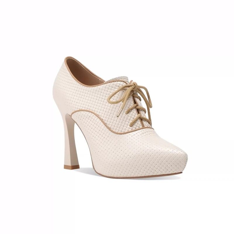 2025年秋新款法式深口单鞋真皮粗跟防水台尖头系带米白色高跟鞋子,淘宝优惠券,粉丝福利购,淘宝优惠卷