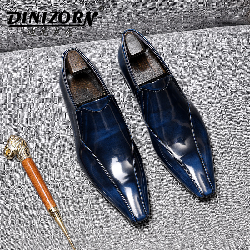 迪尼左伦春季男士皮鞋亮皮擦色套脚商务乐福休闲鞋一脚蹬男潮流鞋 - 图1