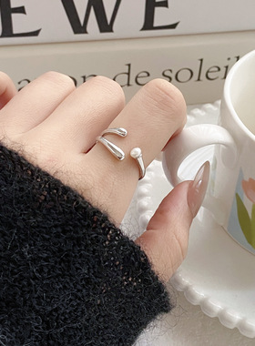气质简约小众几何线条珍珠戒指极简风开口可调节个性潮流指环